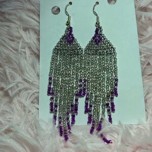Silver & Purple Beaded Fringe Earrings | Handmade Statement Jewelry